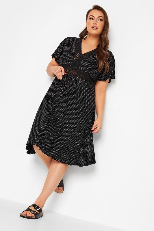 YOURS Plus Size Black Polka Dot Print Lace Detail Dress | Yours Clothing 2