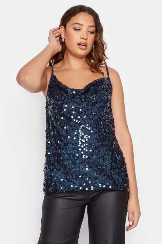 Tall  LTS Tall Navy Blue Sequin Cowl Neck Cami Top