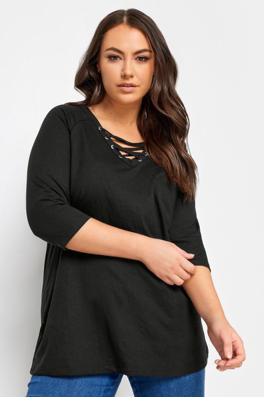 YOURS 2 PACK Plus Size Green & Black Lace Up Eyelet Tops | Yours Clothing 3