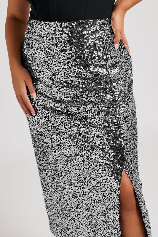 YOURS LONDON Plus Size Silver Sequin Embellished Maxi Skirt | Yours Clothing  5