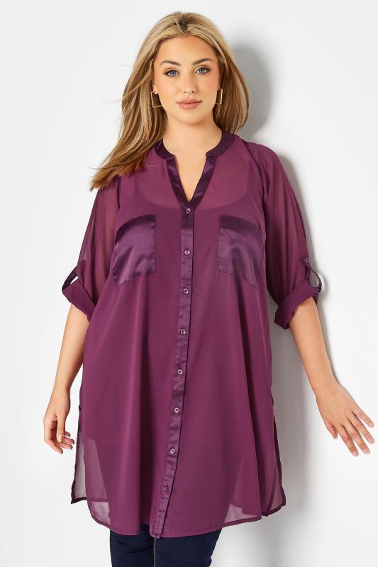 YOURS LONDON Plus Size Purple Satin Pocket Shirt | Yours Clothing 4