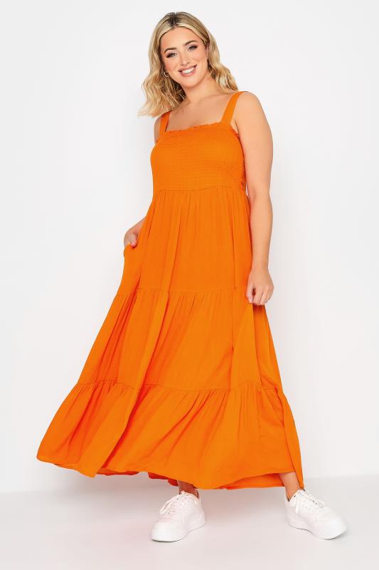 YOURS Plus Size Orange Shirred Strappy Sundress | Yours Clothing  2