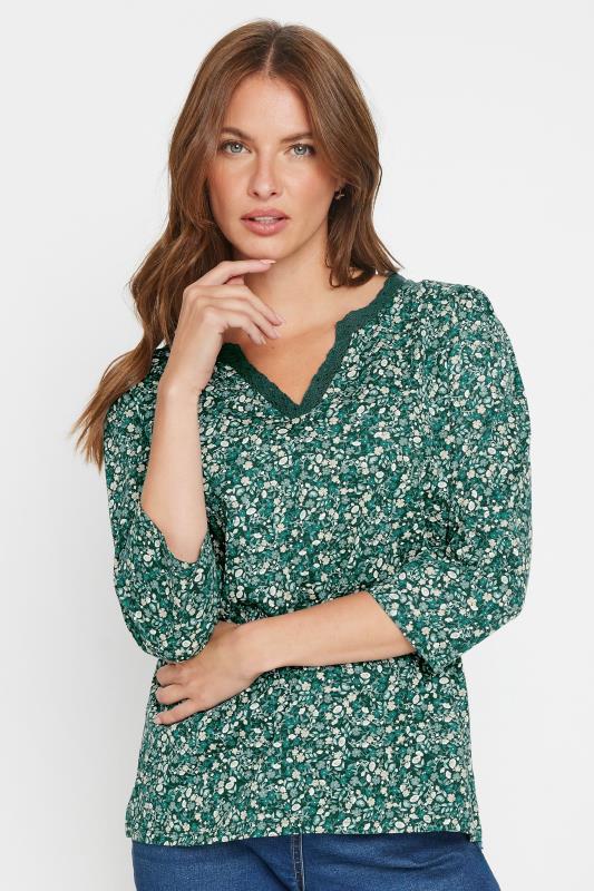 M&Co 2 PACK Teal Blue Floral Print & Plain Lace Trim Cotton T-Shirts | M&Co 2
