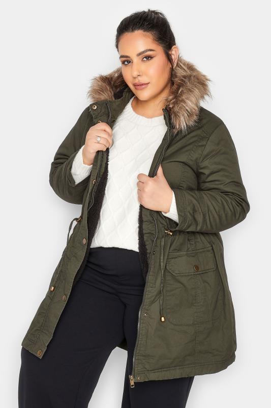 Plus Size  YOURS PETITE Curve Khaki Green Faux Fur Trim Hooded Parka Coat