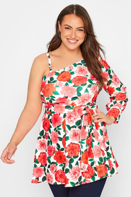 YOURS LONDON Plus Size White Rose Print One Shoulder Peplum Top | Yours Clothing 1