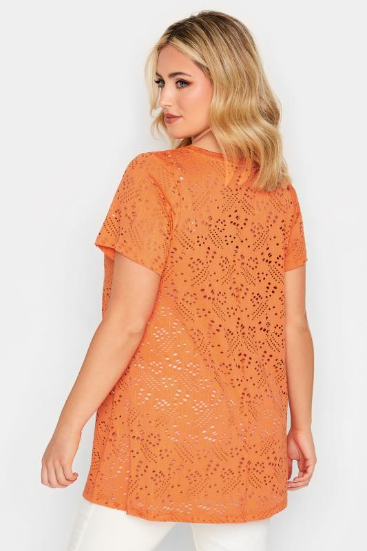 YOURS Curve Plus Size Orange Broderie Anglaise Swing V-Neck T-Shirt | Yours Clothing  3