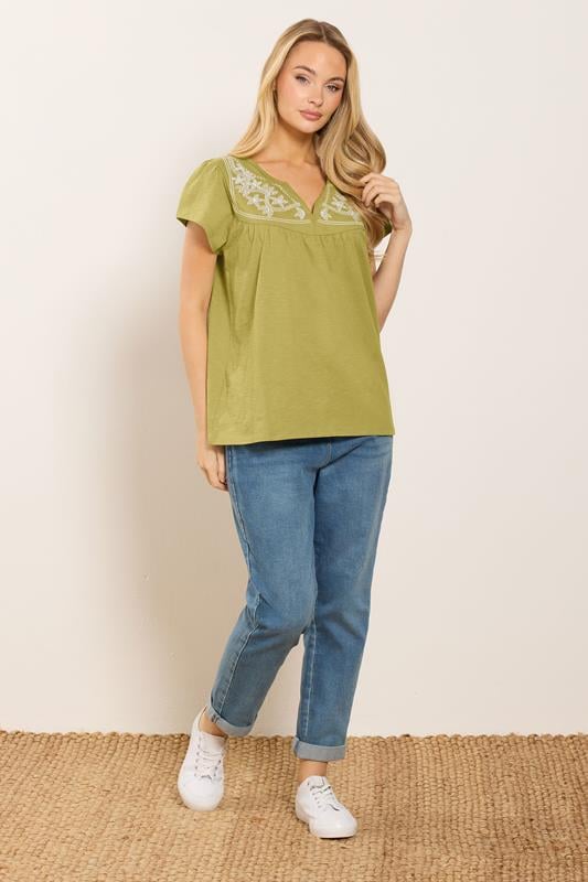M&Co Green Embroidered Cotton Notch Neck Top | M&Co 1
