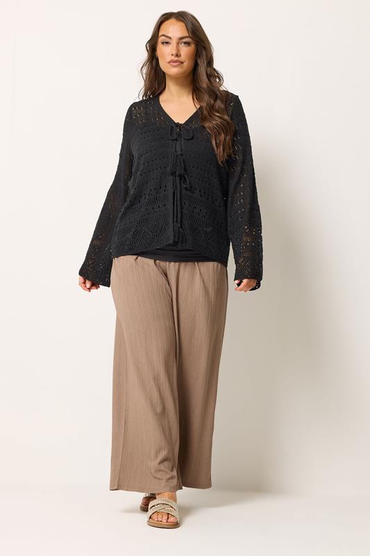 YOURS Plus Size Black Pointelle Knitted Tie Cardigan | Yours Clothing 1