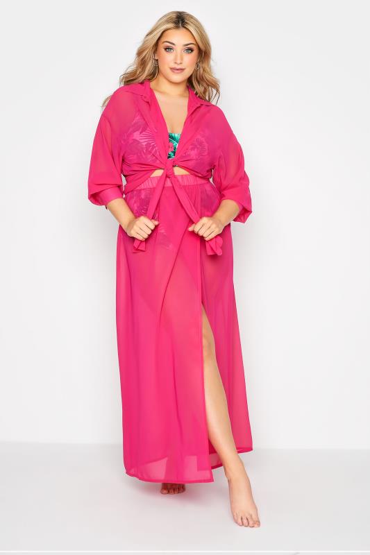 Plus Size Hot Pink Sheer Beach Shirt | Yours Clothing 1