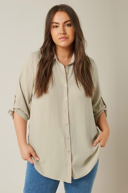 EVANS Plus Size Natural Brown Tab Sleeve Shirt | Evans  1