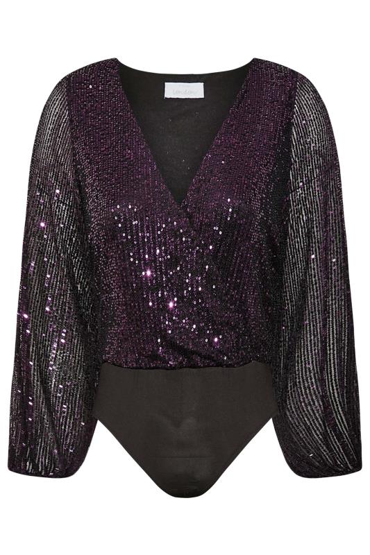 YOURS LONDON Plus Size Purple Sequin Embellished Wrap Bodysuit | Yours Clothing 6