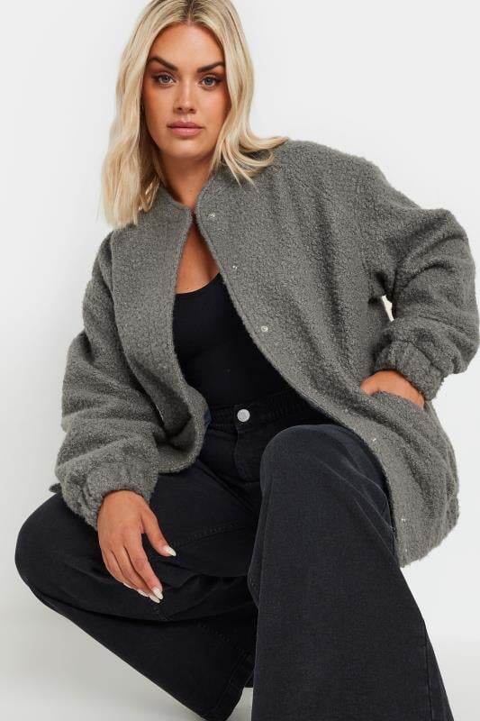 YOURS Plus Size Grey Boucle Bomber Jacket | Yours Clothing 6