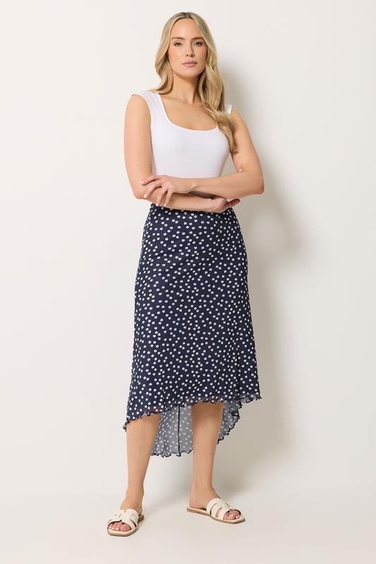  LTS Tall Navy Blue Polka Dot Dipped Hem Mesh Midi Skirt