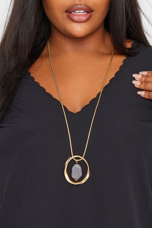  Grande Taille Gold Tone Oval Stone Long Necklace