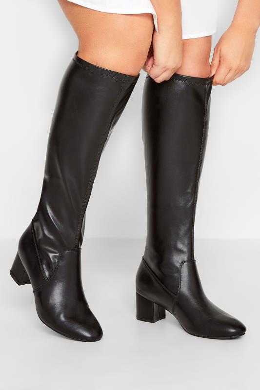 LIMITED COLLECTION Black Stretch Heeled Knee High Boots In Wide & Extra Wide Fit | Yours Clothing 1