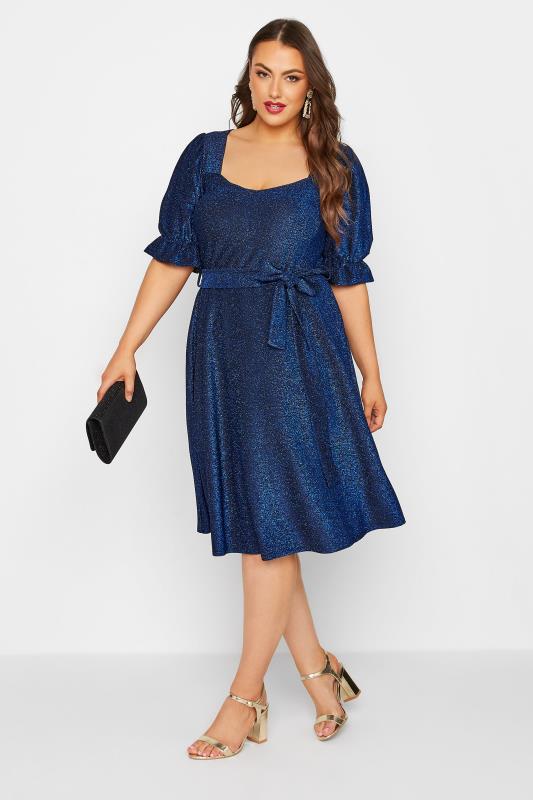 YOURS LONDON Plus Size Blue Glitter Puff Sleeve Midi Dress | Yours Clothing 2