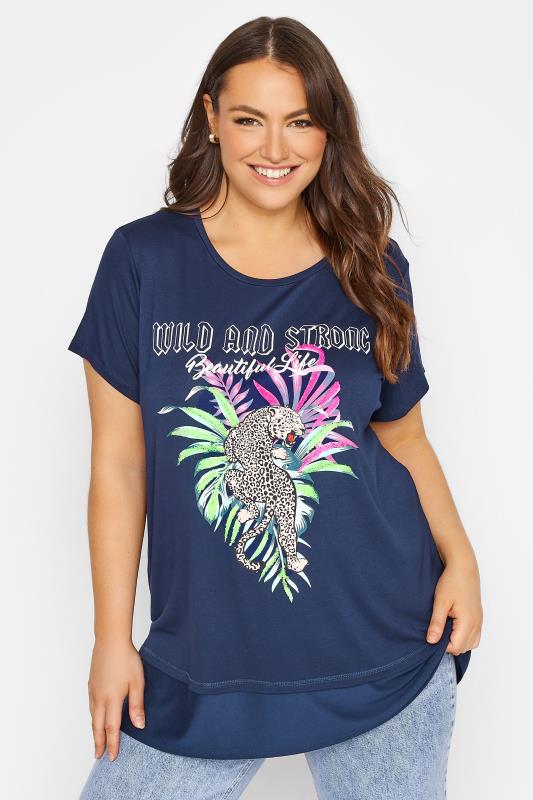 Curve Navy Blue 'Wild And Strong' Slogan Graphic Print T-Shirt 1