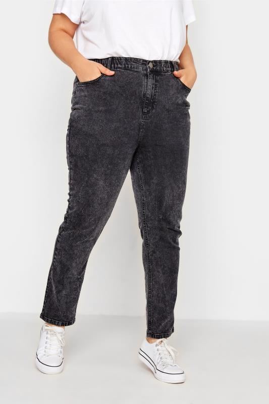 Curve Bleach Black Elasticated Waist MOM Jeans 1