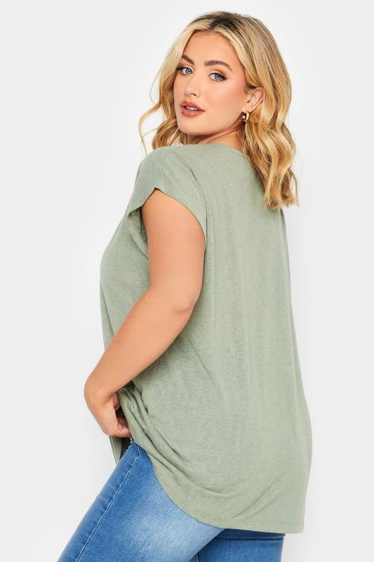 YOURS Curve Plus Size Khaki Green Linen Look T-Shirt  3