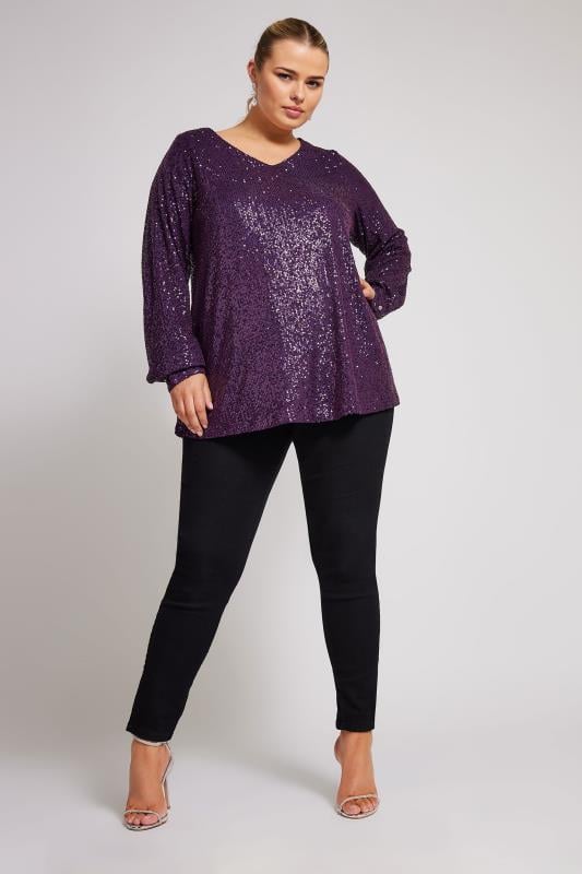 YOURS LONDON Plus Size Purple Sequin V-Neck Top | Yours Clothing 2