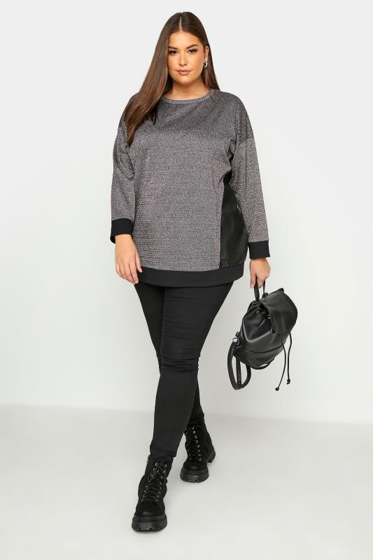 Plus Size Grey PU Leather Detail Sweatshirt | Yours Clothing 2