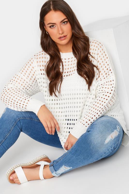 YOURS Plus Size White Side Split Crochet Jumper | Yours Clothing 4