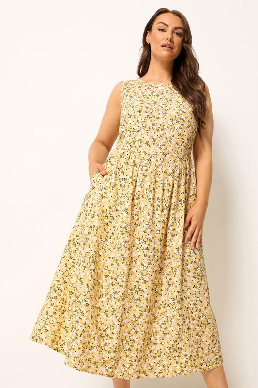  YOURS Curve Lemon Yellow Disty Floral Linen Maxi Dress