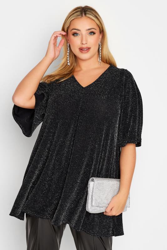 Plus Size Black & Silver Glitter Pleat Front Swing Top | Yours Clothing 1