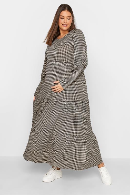  LTS Tall Maternity Beige Brown Dogtooth Check Smock Dress