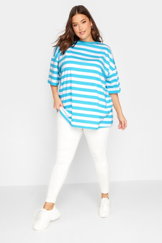 YOURS Plus Size Curve Blue & White Stripe Oversized Boxy T-Shirt | Yours Clothing  2