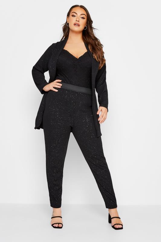 YOURS LONDON Plus Size Black Glitter Tapered Stretch Trousers | Yours Clothing 2