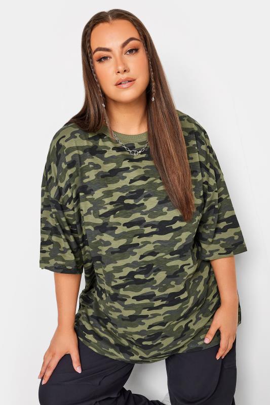 YOURS Curve Green Camo Print Oversized Boxy T-Shirt | Yours Clothing  1