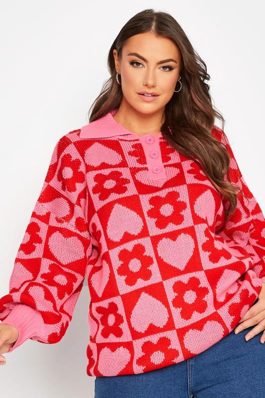 Plus Size  Curve Pink & Red Floral Heart Print Knitted Jumper