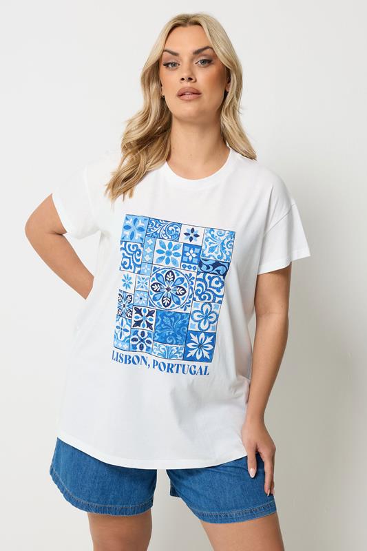 YOURS Plus Size White & Blue 'Lisbon Portugal' Graphic T-Shirt | Yours Clothing 1