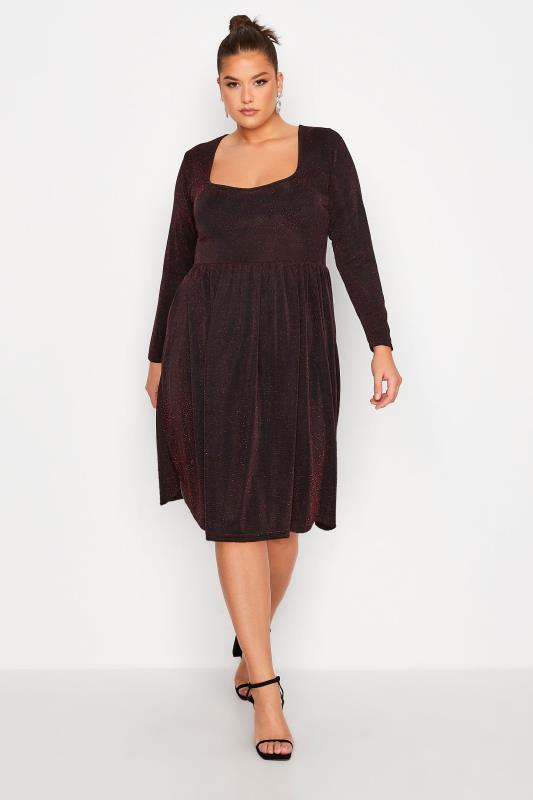 LIMITED COLLECTION Plus Size Black & Red Glitter Sweetheart Neck Dress | Yours Clothing 2