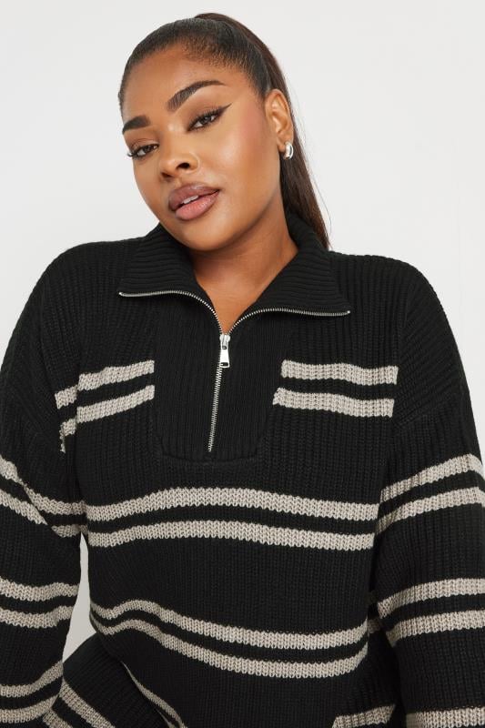 YOURS Plus Size Black Stripe Quarter Zip Knitted Jumper | Yours Clothing 4