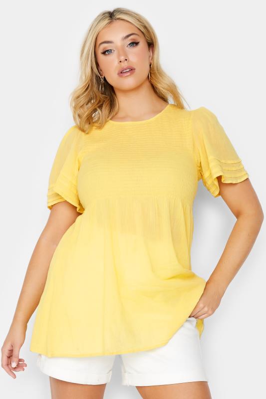 LIMITED COLLECTION Plus Size Lemon Yellow Shirred Smock Top | Yours Clothing 1