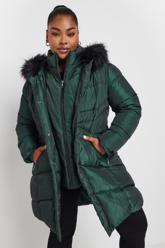 Plus Size  YOURS Curve Forest Green Faux Fur Trim Puffer Coat