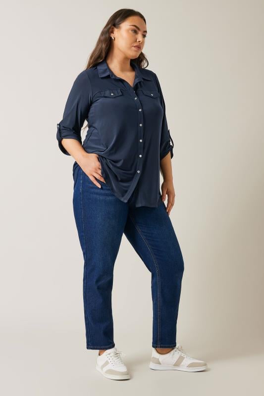 EVANS Plus Size Navy Blue Tab Sleeve Blouse | Evans  2