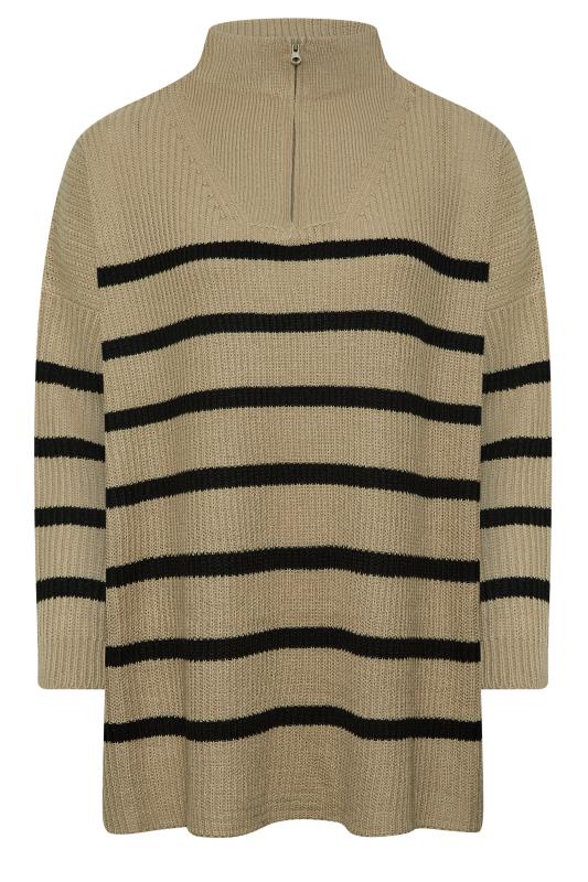 Curve Beige Brown Stripe Quarter Zip Knitted Jumper | Yours Clothing  6
