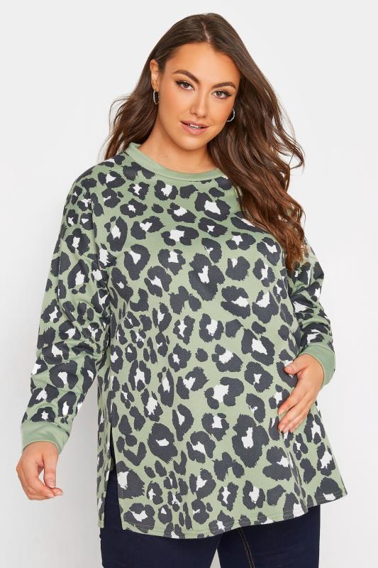 Plus Size  BUMP IT UP MATERNITY Curve Sage Green Leopard Print Sweatshirt