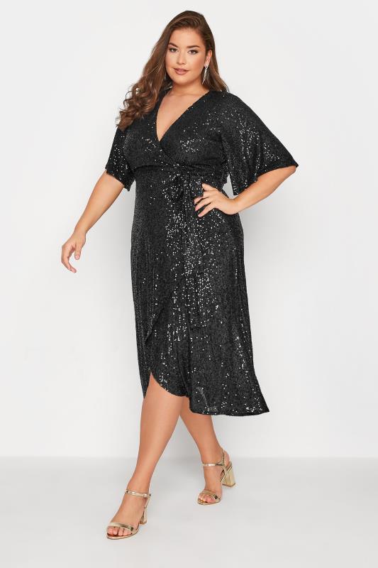 YOURS LONDON Plus Size Black Sequin Embellished Double Wrap Dress | Yours Clothing 2