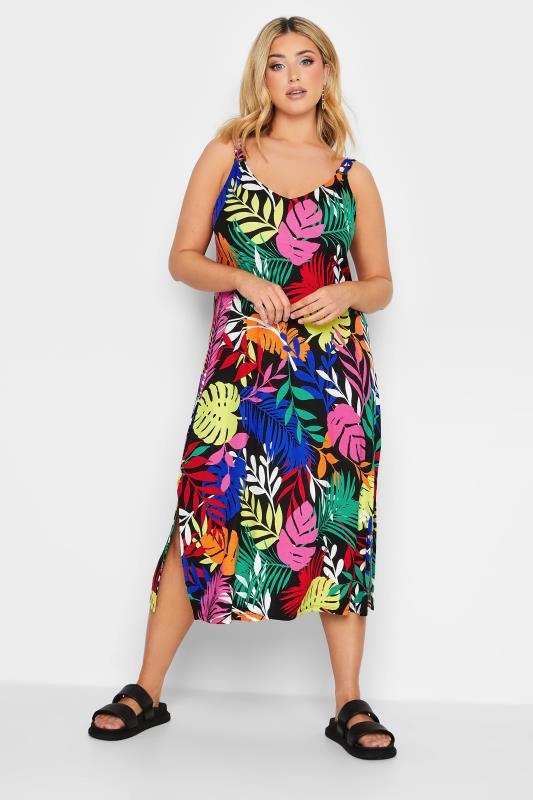 YOURS Plus Size Black Leaf Print Beach Dress | Yours Clothing 1