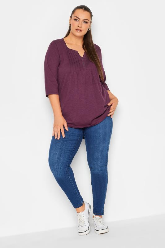 Plus Size YOURS Purple Pintuck Button Henley T-Shirt | Yours Clothing 2