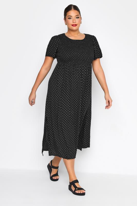 LIMITED COLLECTION Curve Black Spot Print Shirred Midaxi Dress_A.jpg