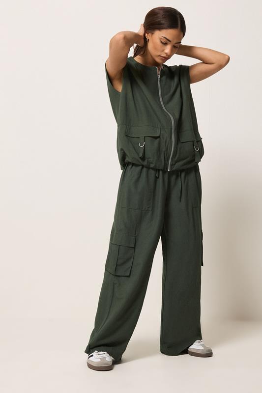 PixieGirl Petite Women's Khaki Green Cotton Cargo Wide Leg Trousers | PixieGirl 1