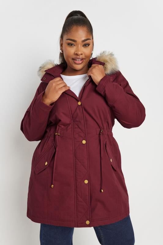 Plus Size  YOURS Curve Berry Red Faux Fur Trim Parka Coat