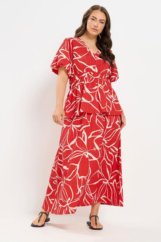 YOURS Plus Size Red Floral Print Puff Sleeve Top | Yours Clothing 1