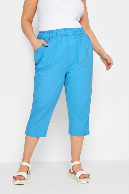 YOURS Curve Plus Size Bright Blue Cotton Cropped Trousers | Yours Clothing  1