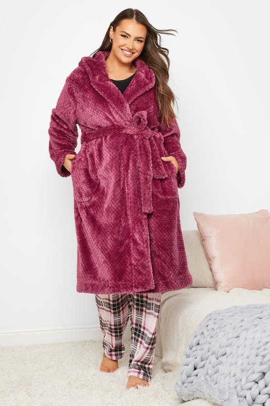 Plus Size Dark Pink Waffle Fleece Hooded Dressing Gown | Yours Clothing 3